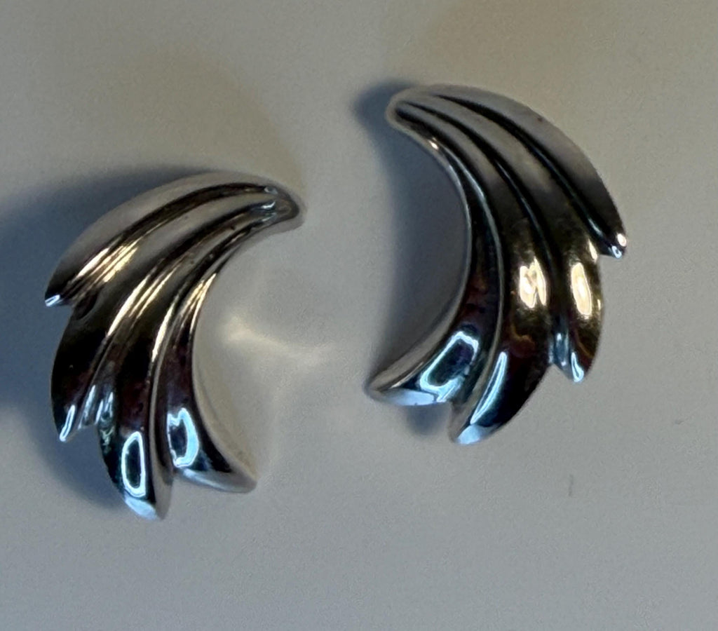 Vintage Sterling Silver Modernist Fan Dangle Earrings, Signed CRCO Charles Reis