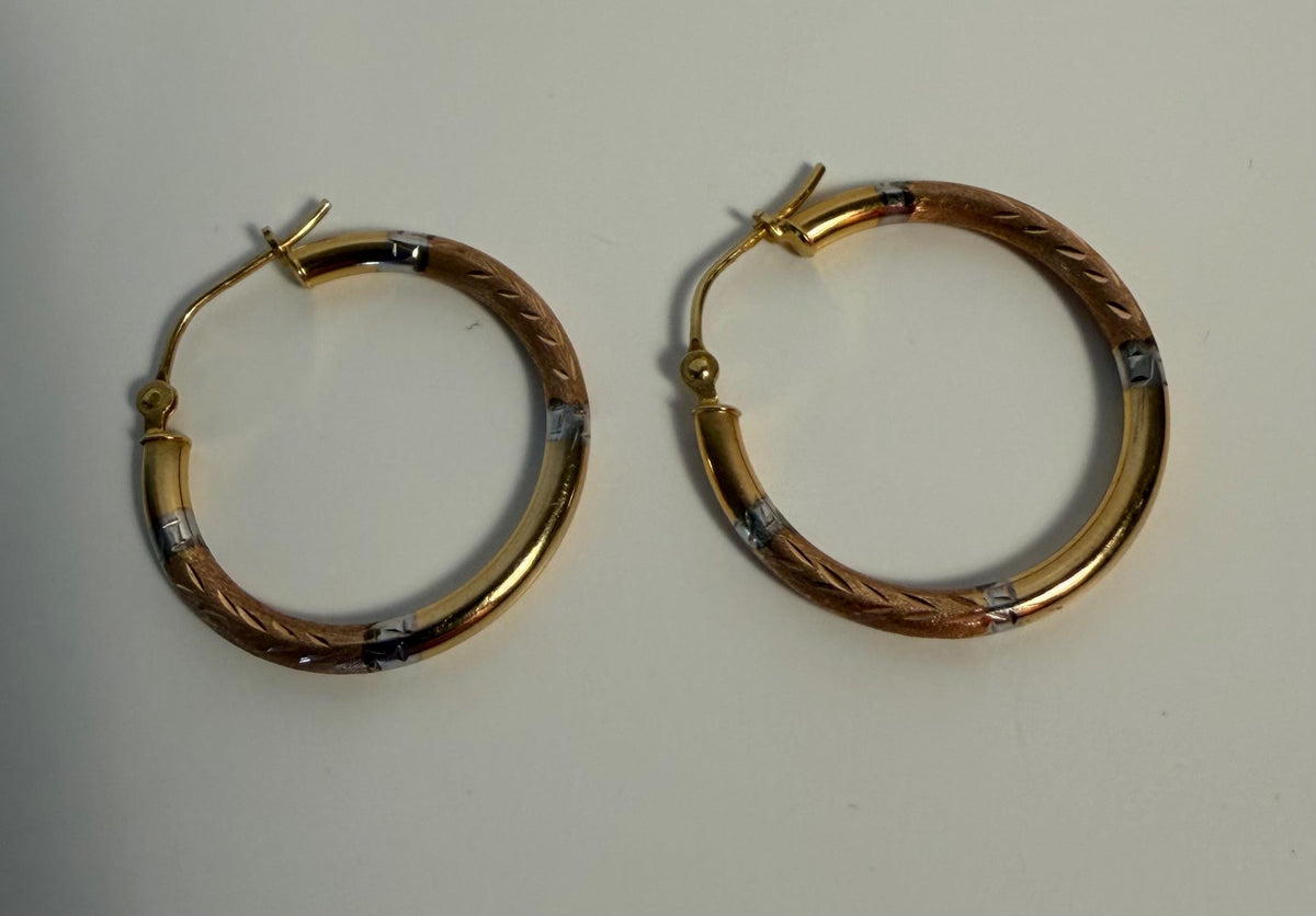 Vintage 14K tri-color gold diamond-cut hoop earrings