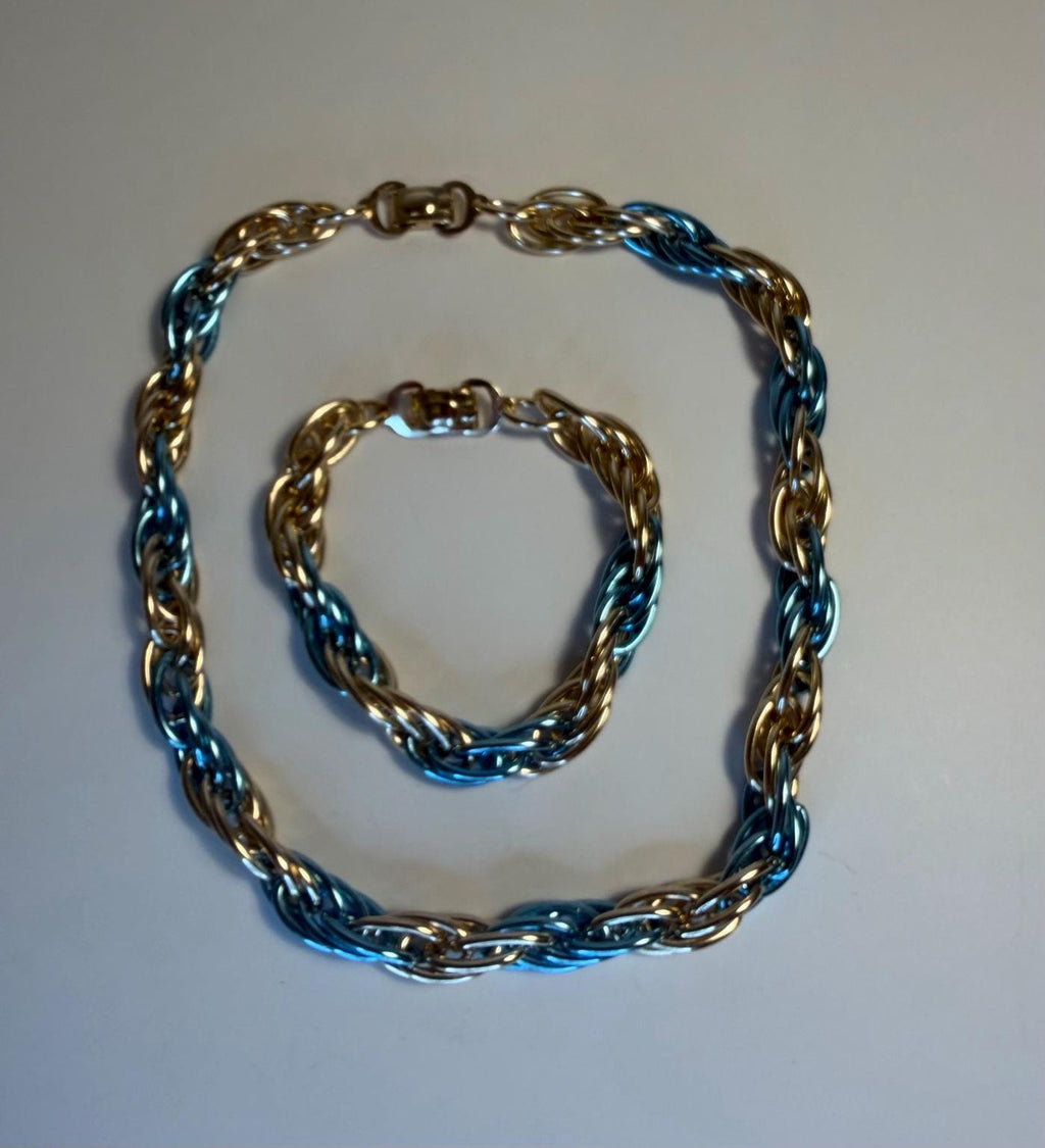 Vintage ALGO blue gold silver twisted link necklace and bracelet set