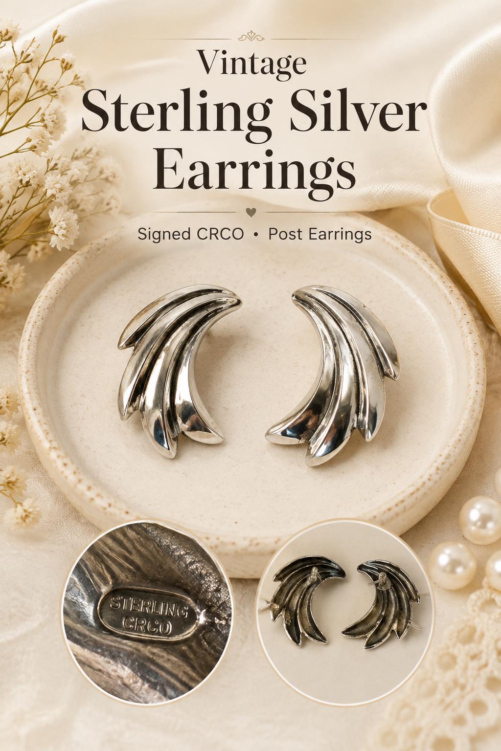 Vintage sterling silver modernist fan dangle earrings signed CRCO