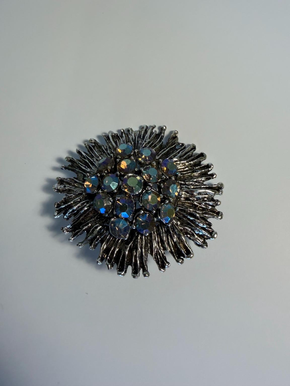 Vintage Aurora Borealis Rhinestone Starburst Brooch, Silver Tone Flower Pin