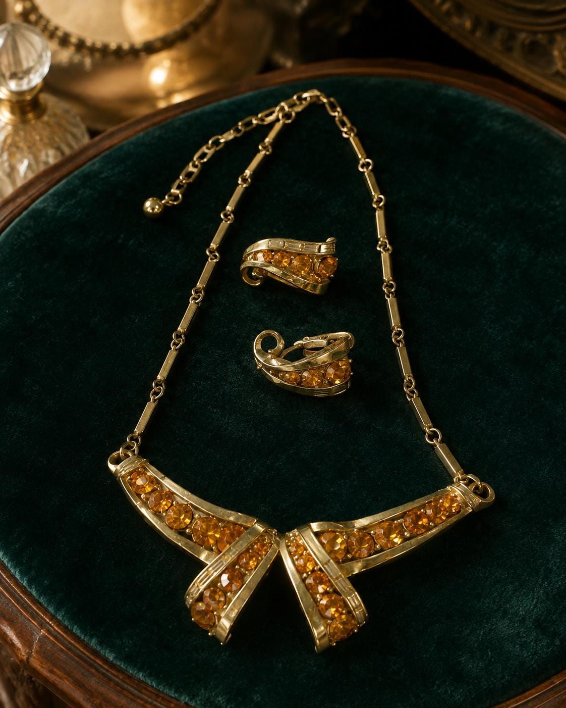 Vintage Coro amber rhinestone necklace and clip-on earrings set