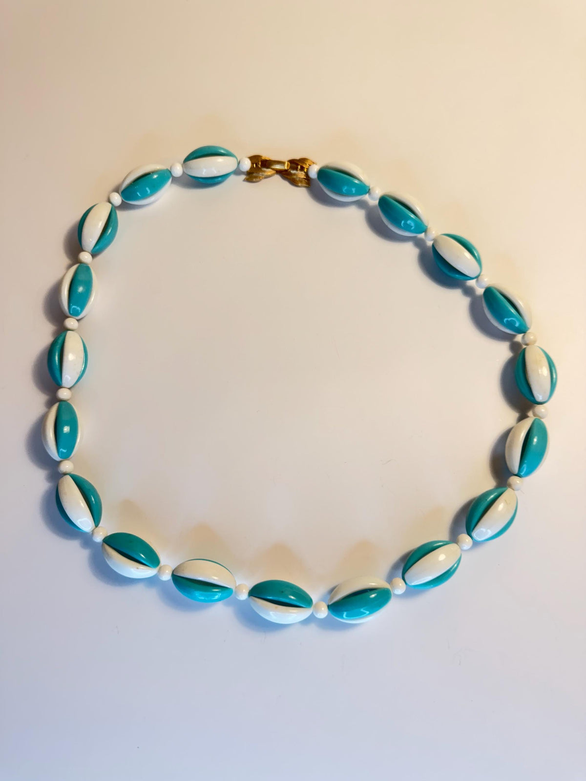 Vintage Crown Trifari aqua blue and white beaded necklace