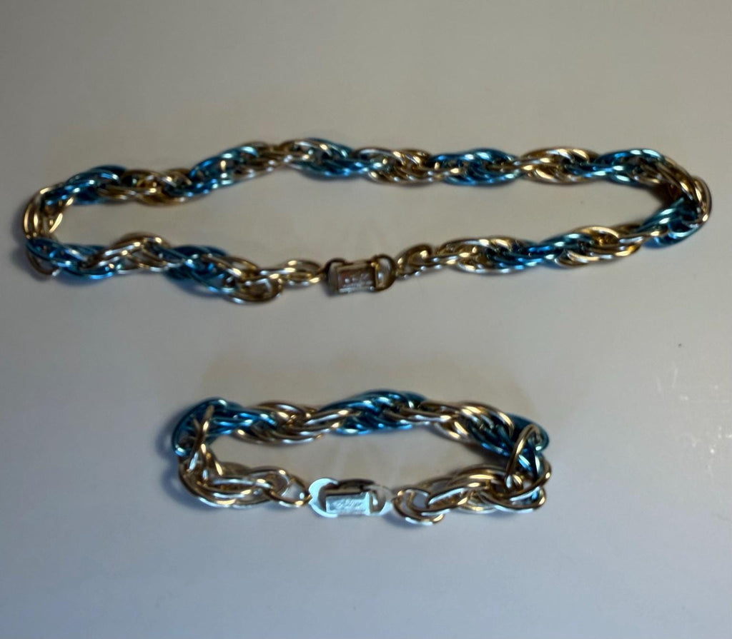 Vintage ALGO Twisted Link Necklace & Bracelet Set, Blue Gold Silver Tone, Made in Germany