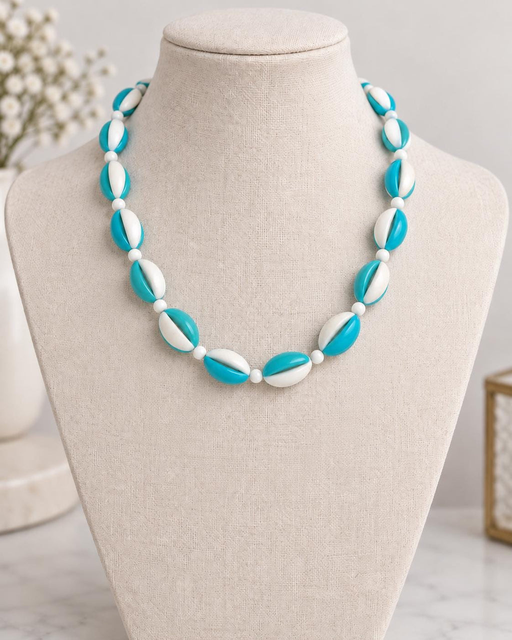 Vintage Crown Trifari Aqua Blue and White Beaded Necklace
