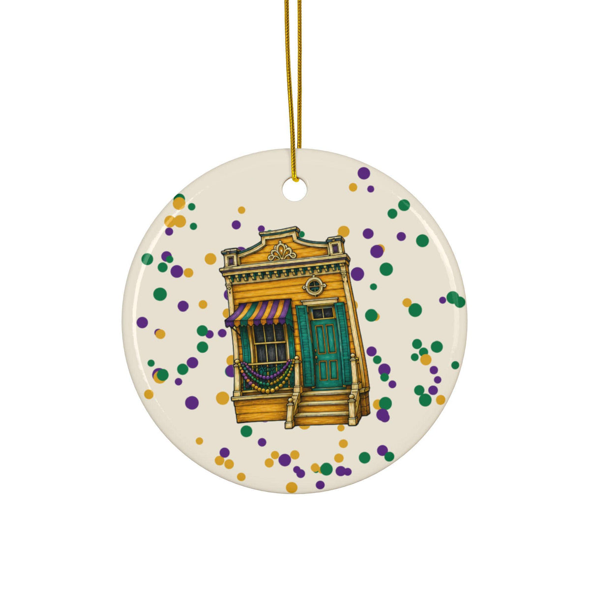 Yellow Shotgun Mardi Gras house ornament, Cream Confetti background