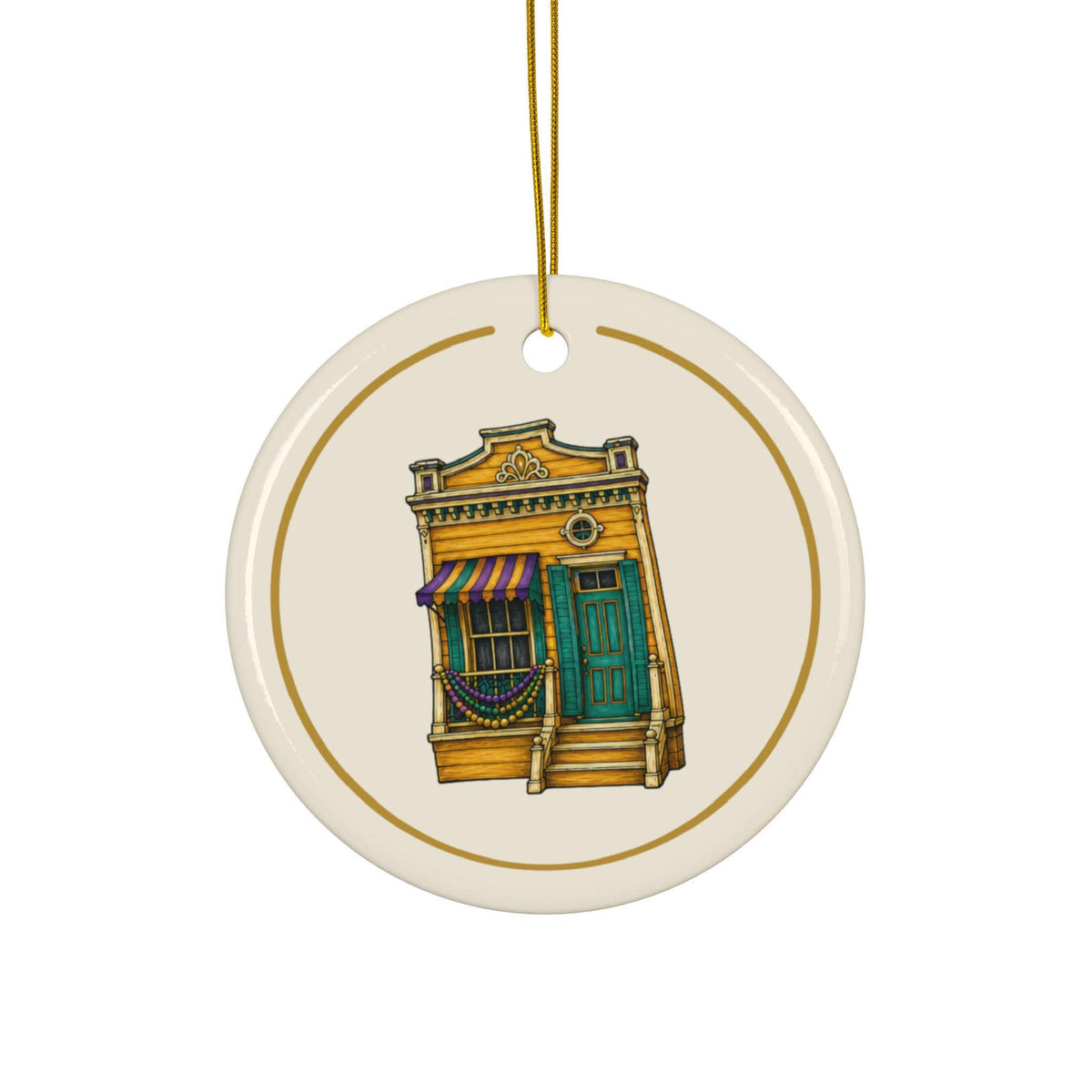Yellow Shotgun Mardi Gras house ornament, Cream and Gold background