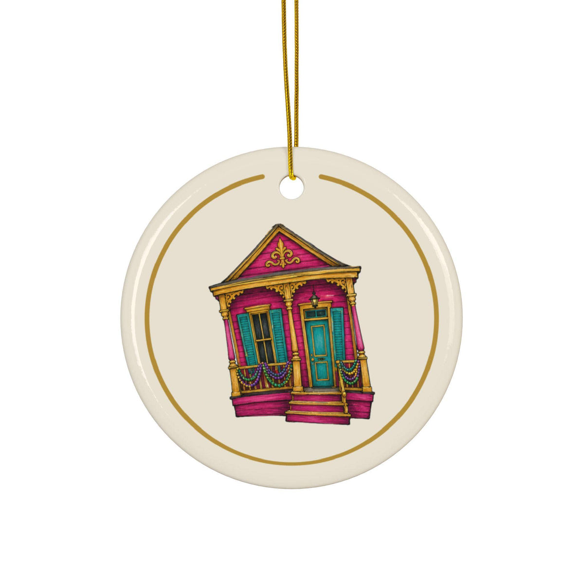 Pink Shotgun House Mardi Gras house ornament, Cream and Gold background