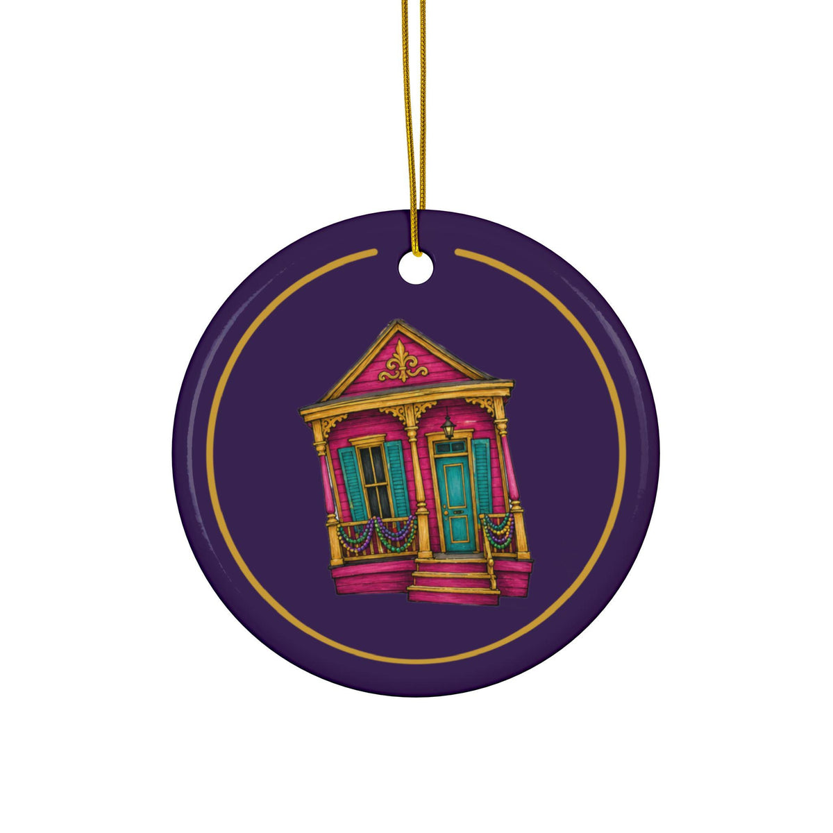Pink Shotgun House Mardi Gras house ornament, Purple and Gold background
