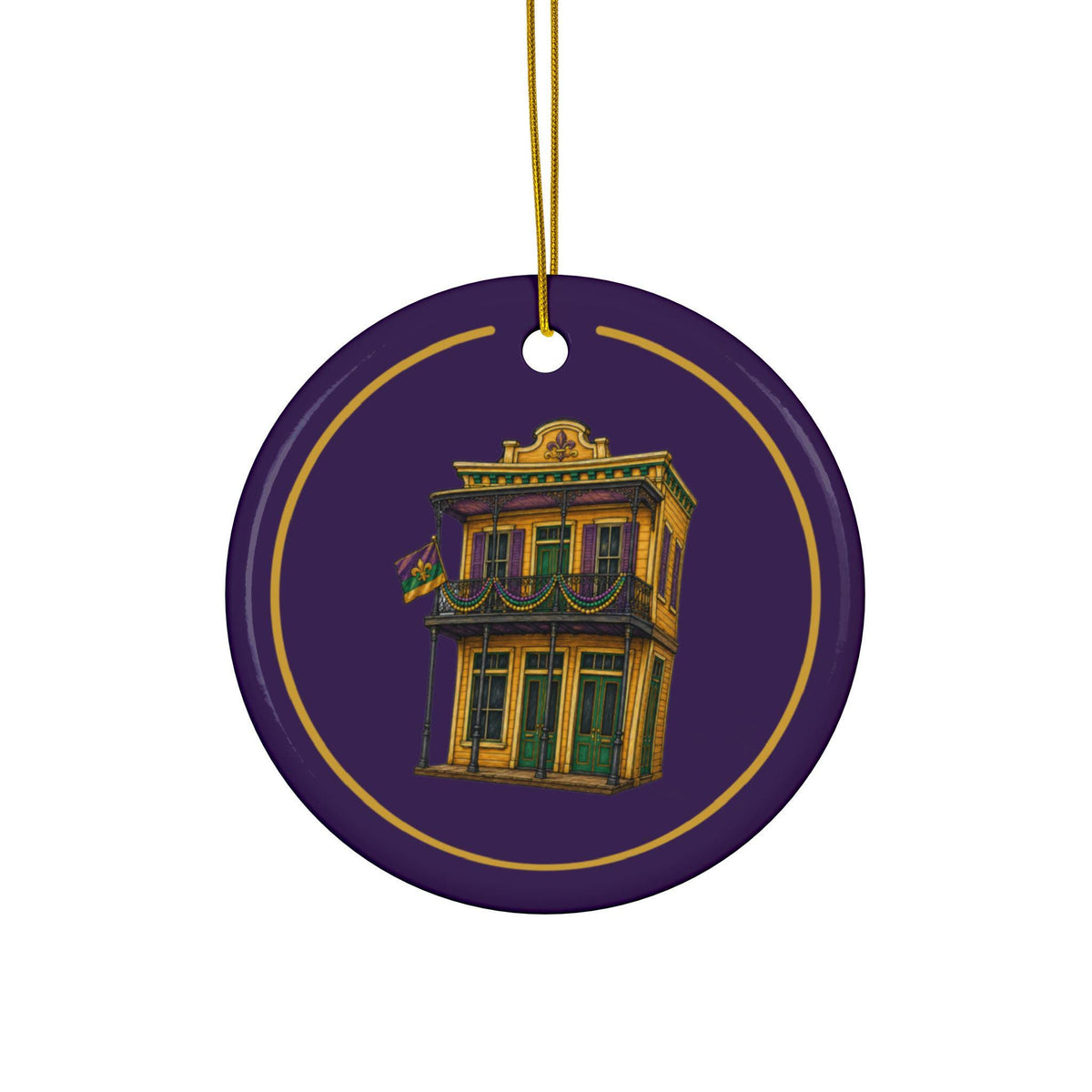 Gold Corner Store Mardi Gras house ornament, Purple and Gold background