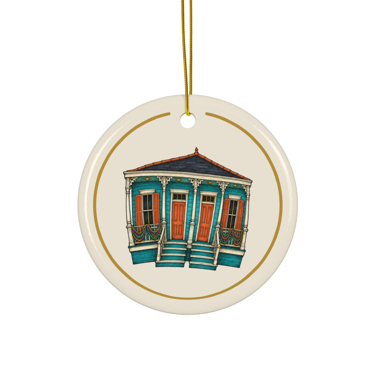 Turquoise Double Shotgun Mardi Gras house ornament, Cream and Gold background