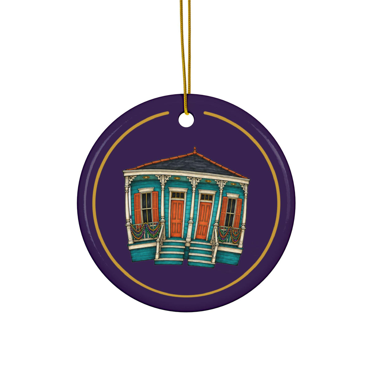 Turquoise Double Shotgun Mardi Gras house ornament, Purple and Gold background