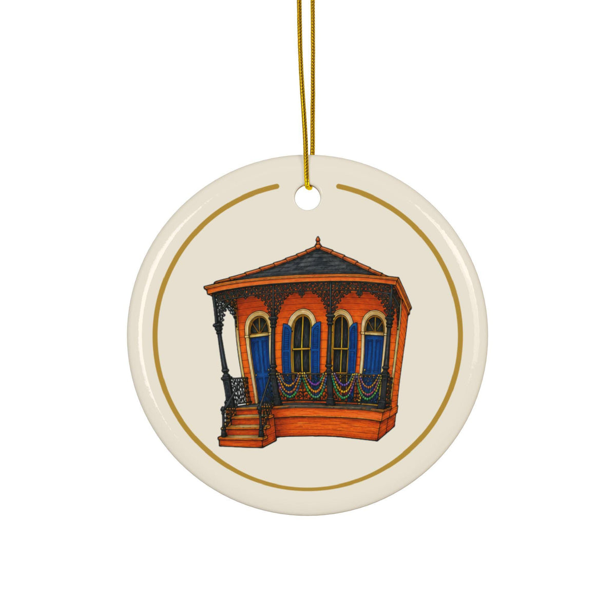 Orange Cottage with Iron Lace Mardi Gras house ornament, Cream and Gold background