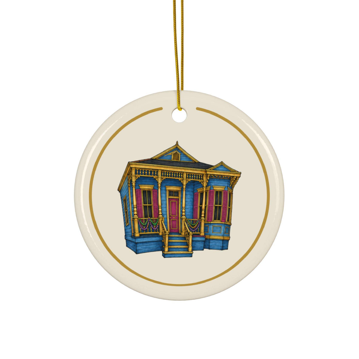Blue Eastlake Shotgun Mardi Gras house ornament, Cream and Gold background
