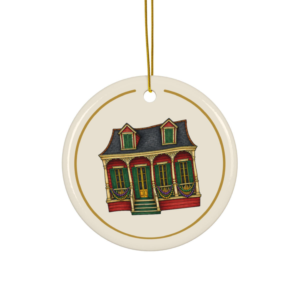 Red Creole Cottage Mardi Gras house ornament, Cream and Gold background