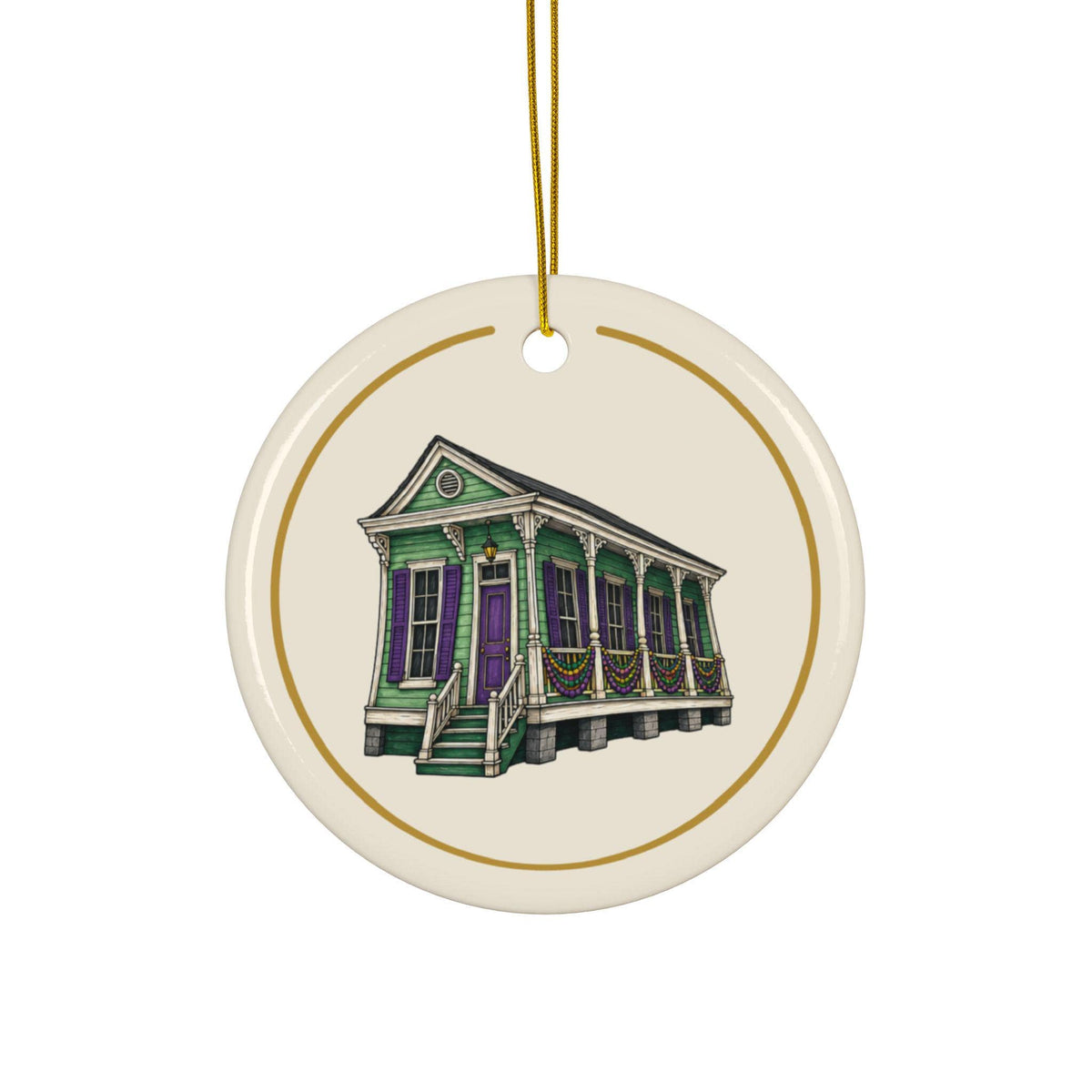 Mint Side-Hall Shotgun Mardi Gras house ornament, Cream and Gold background