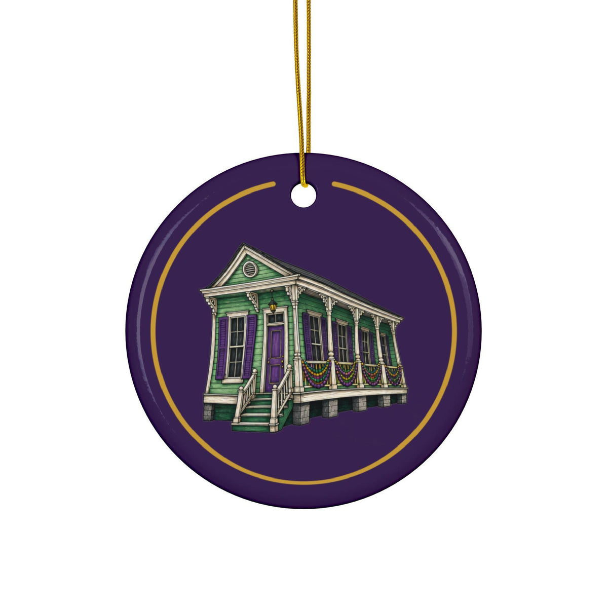 Mint Side-Hall Shotgun Mardi Gras house ornament, Purple and Gold background