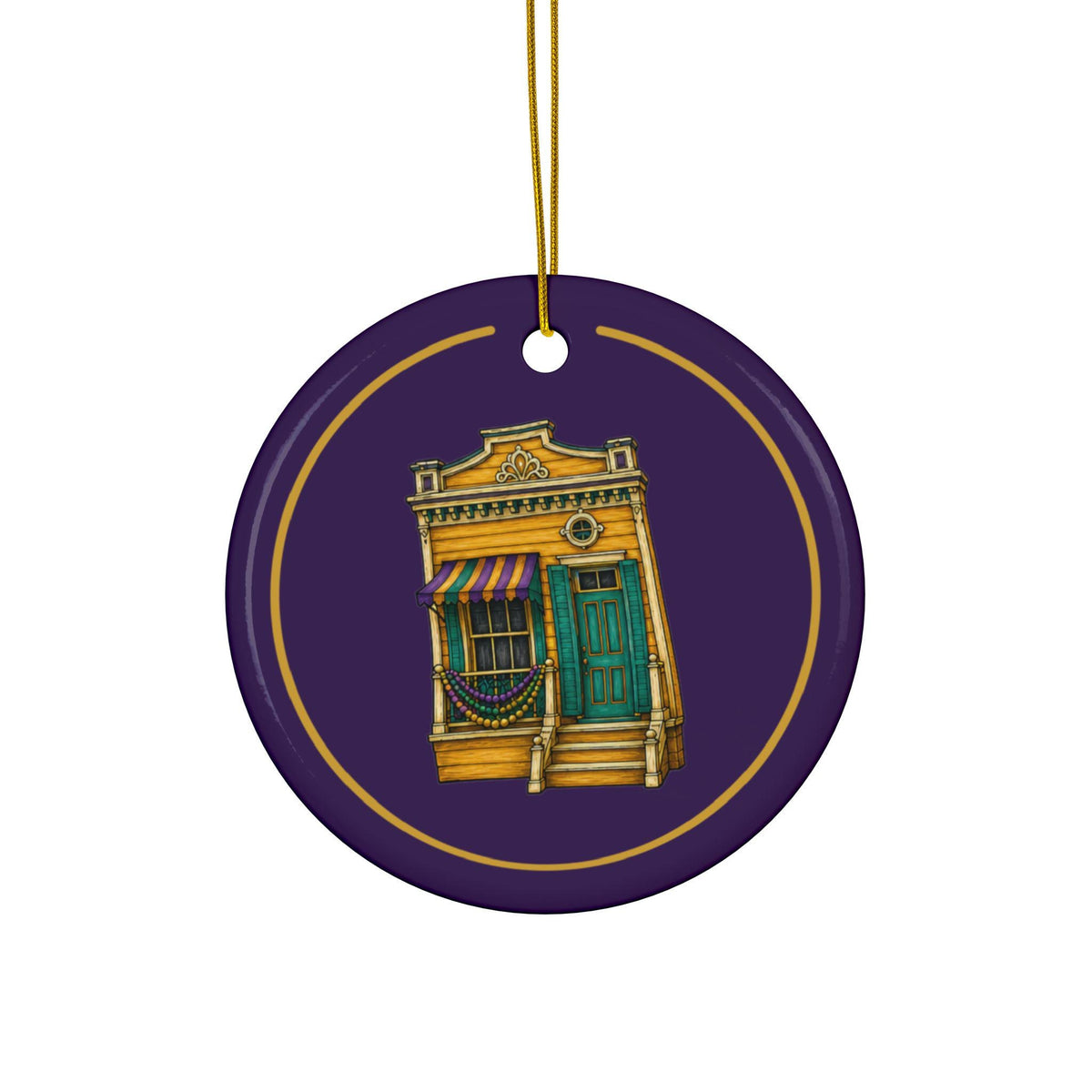 Yellow Shotgun Mardi Gras house ornament, Purple and Gold background