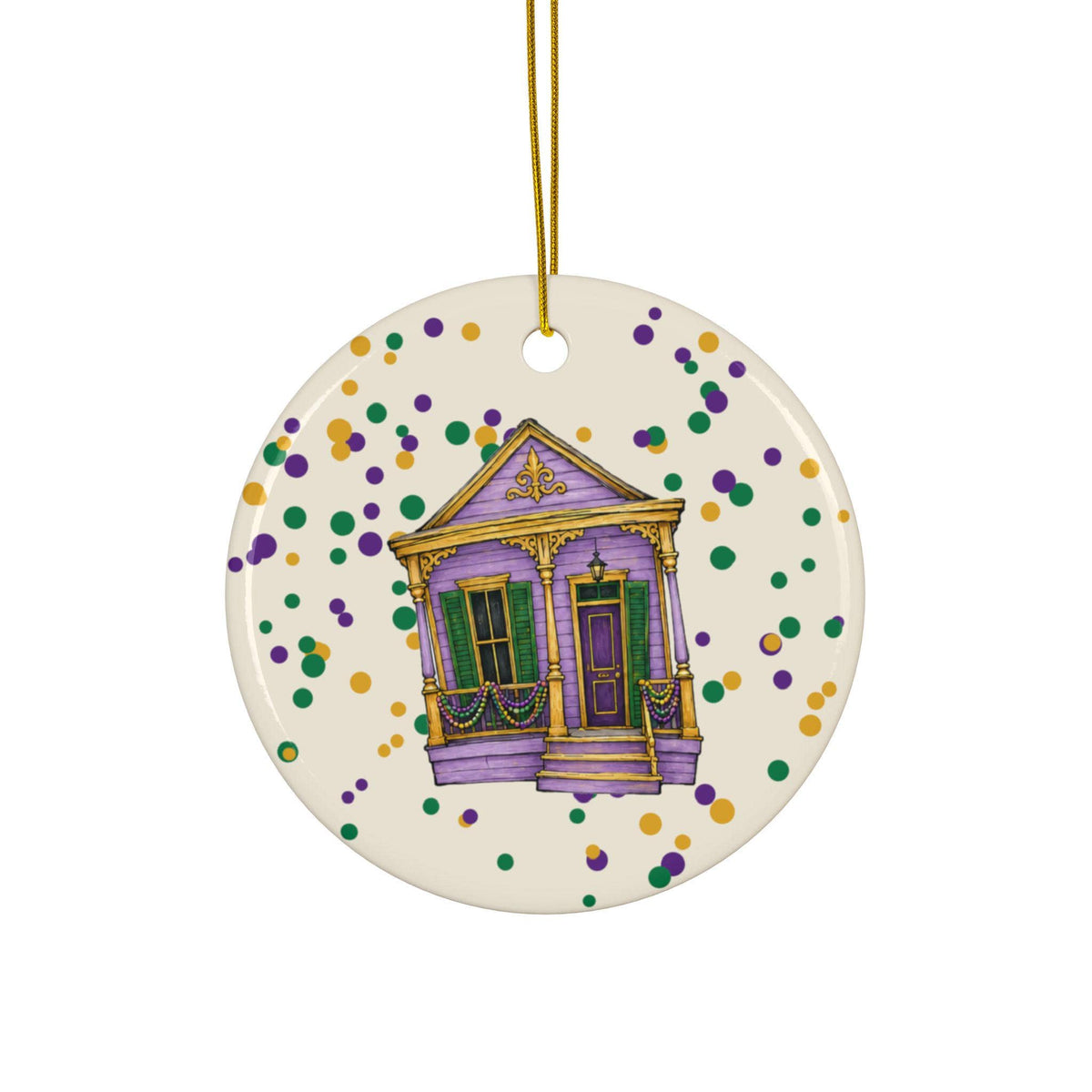 Lavender Shotgun House Mardi Gras house ornament, Cream Confetti background