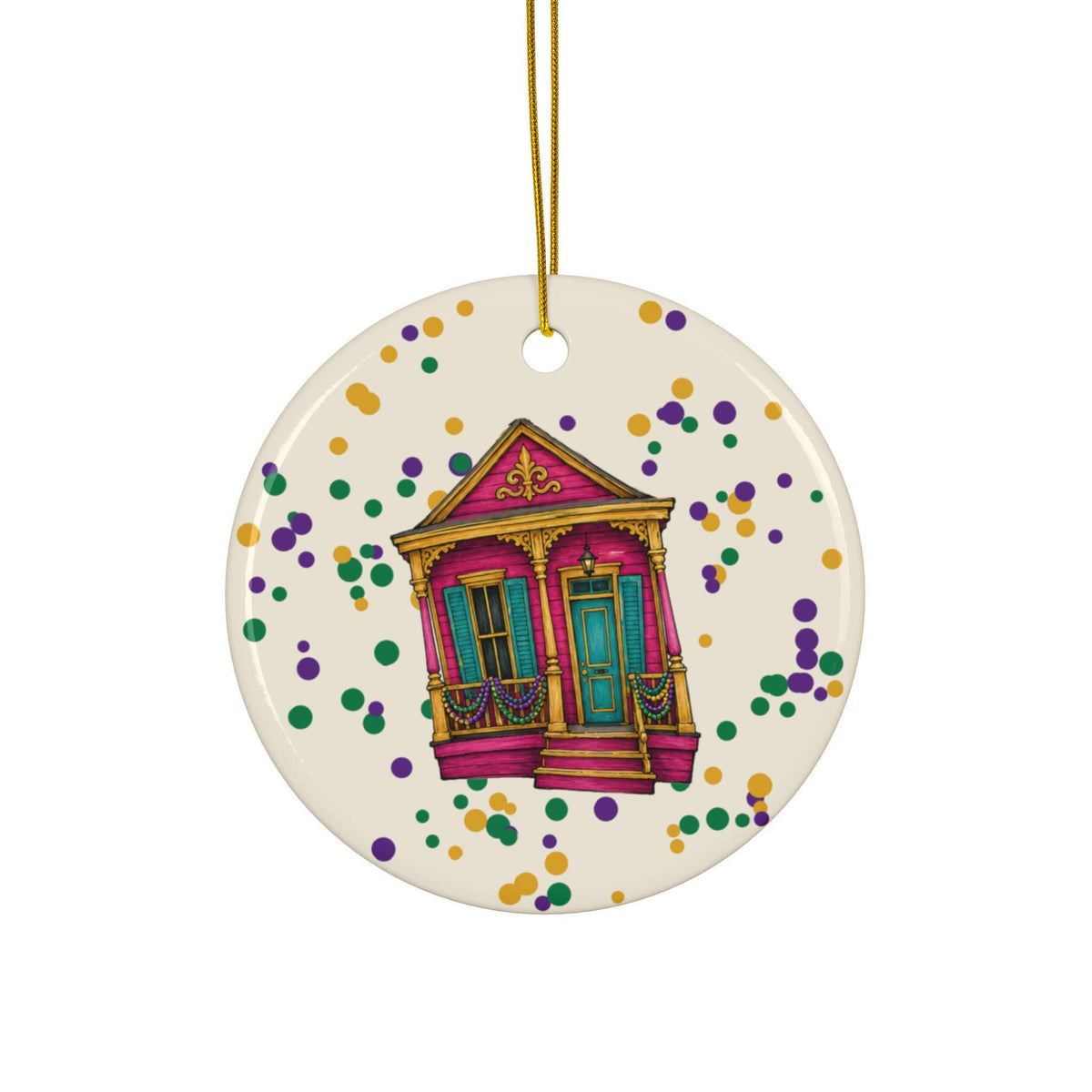 Pink Shotgun House Mardi Gras house ornament, Cream Confetti background
