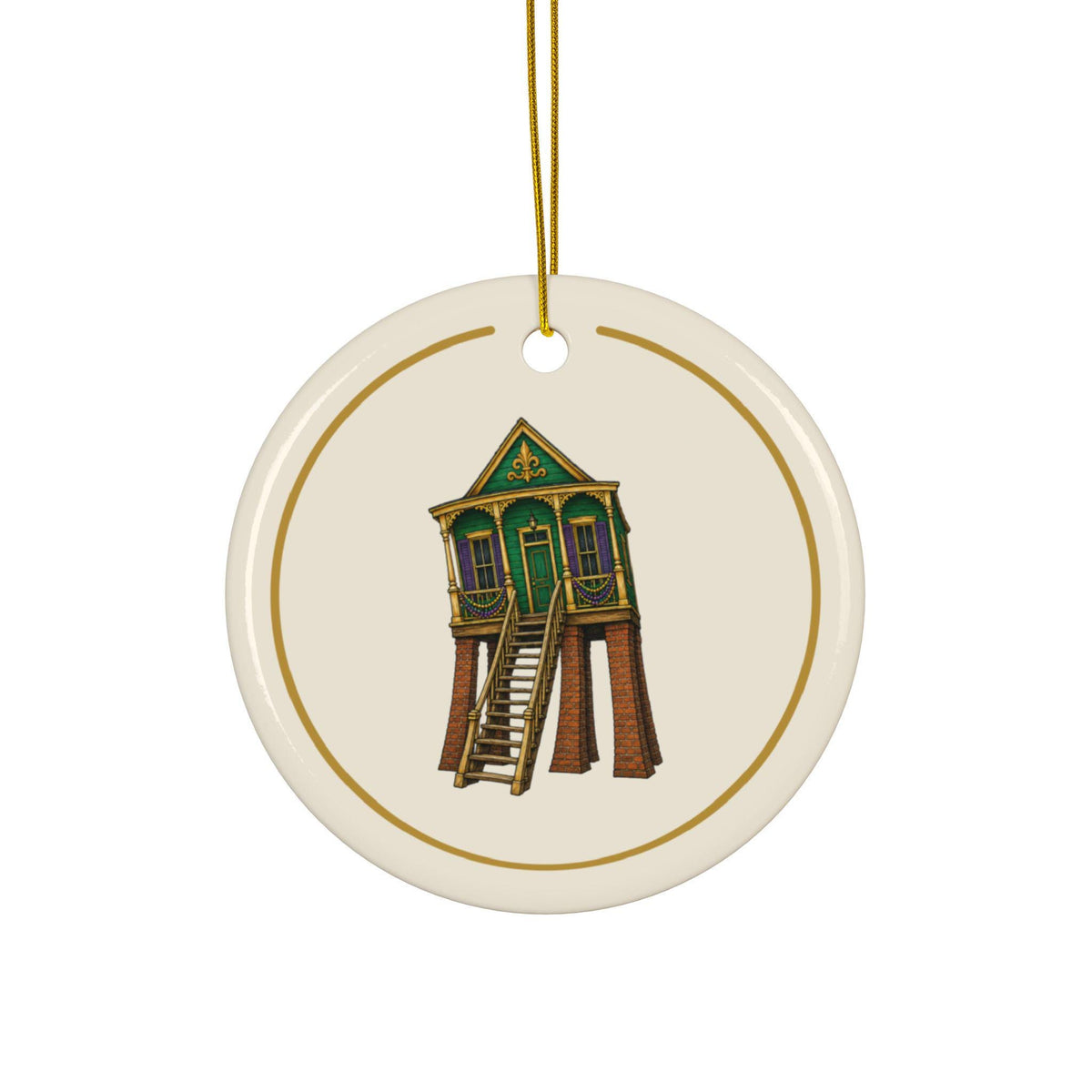 Raised Green Shotgun House Mardi Gras house ornament, Cream and Gold background