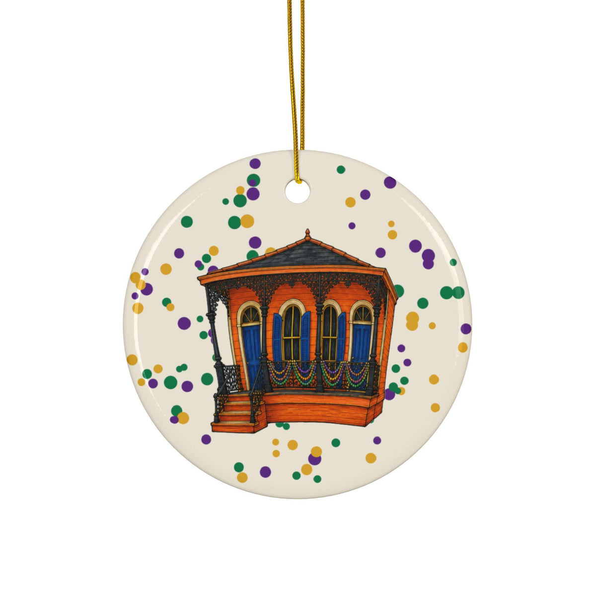 Orange Cottage with Iron Lace Mardi Gras house ornament, Cream Confetti background