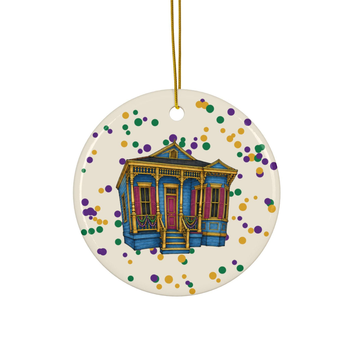 Blue Eastlake Shotgun Mardi Gras house ornament, Cream Confetti background