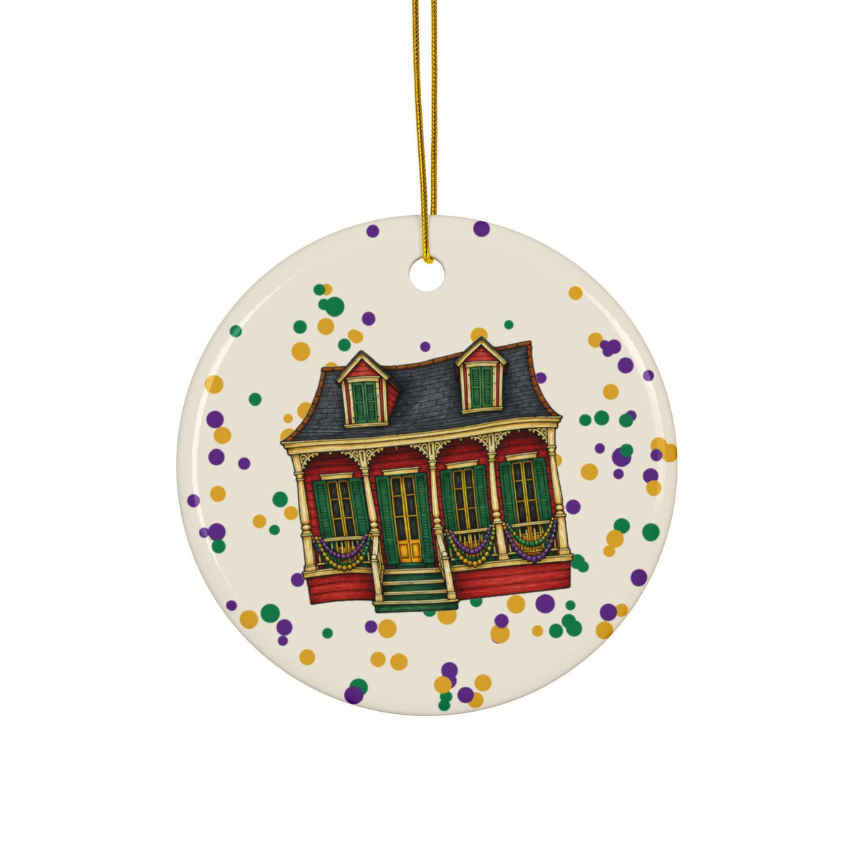 Red Creole Cottage Mardi Gras house ornament, Cream Confetti background