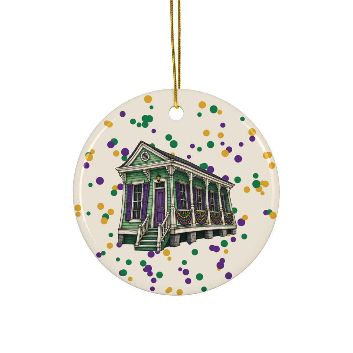 Mint Side-Hall Shotgun Mardi Gras house ornament, Cream Confetti background