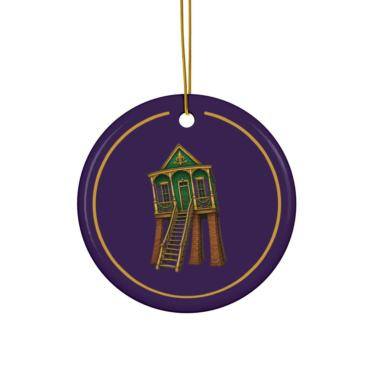 Raised Green Shotgun House Mardi Gras house ornament, Purple and Gold background