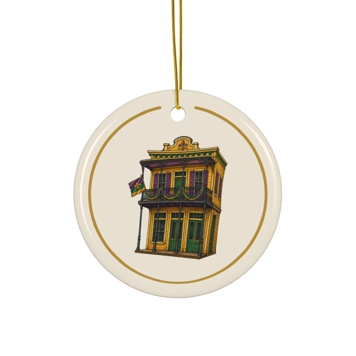 Gold Corner Store Mardi Gras house ornament, Cream and Gold background