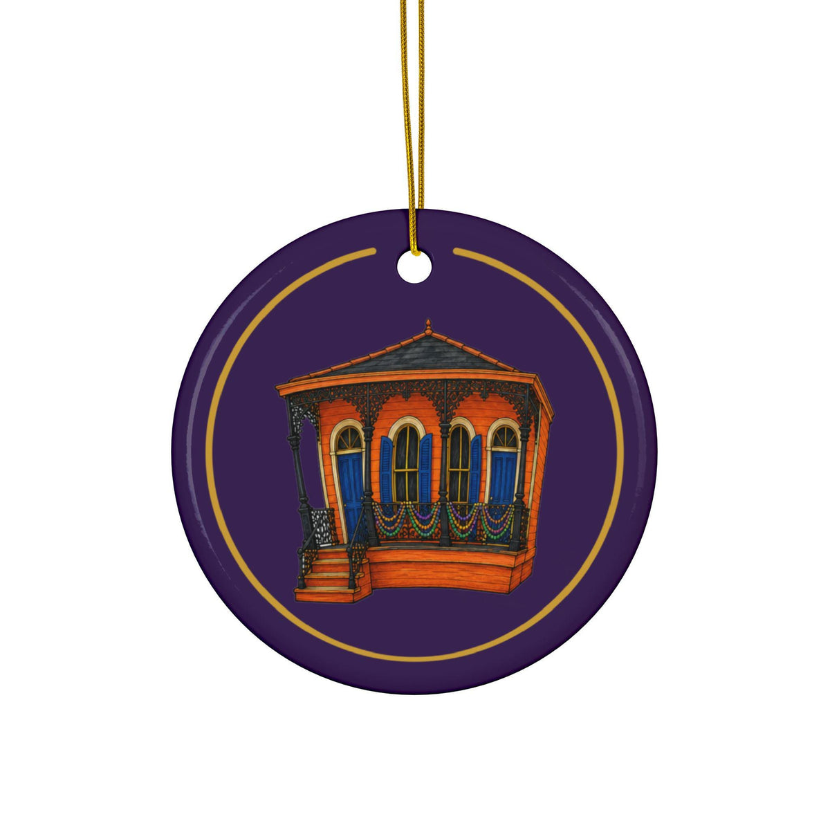 Orange Cottage with Iron Lace Mardi Gras house ornament, Purple and Gold background