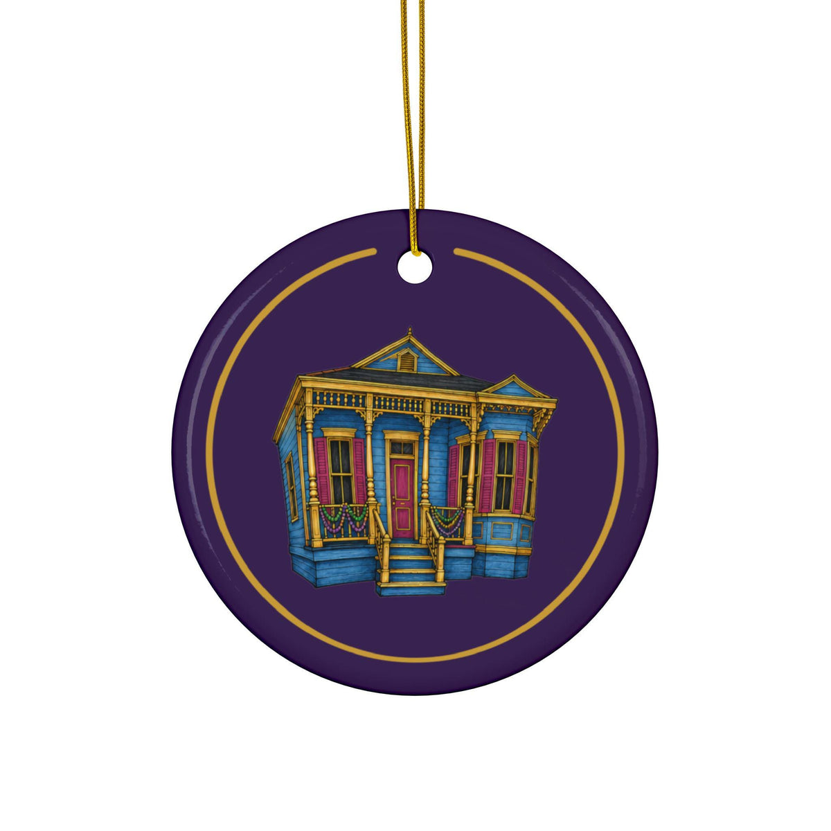 Blue Eastlake Shotgun Mardi Gras house ornament, Purple and Gold background