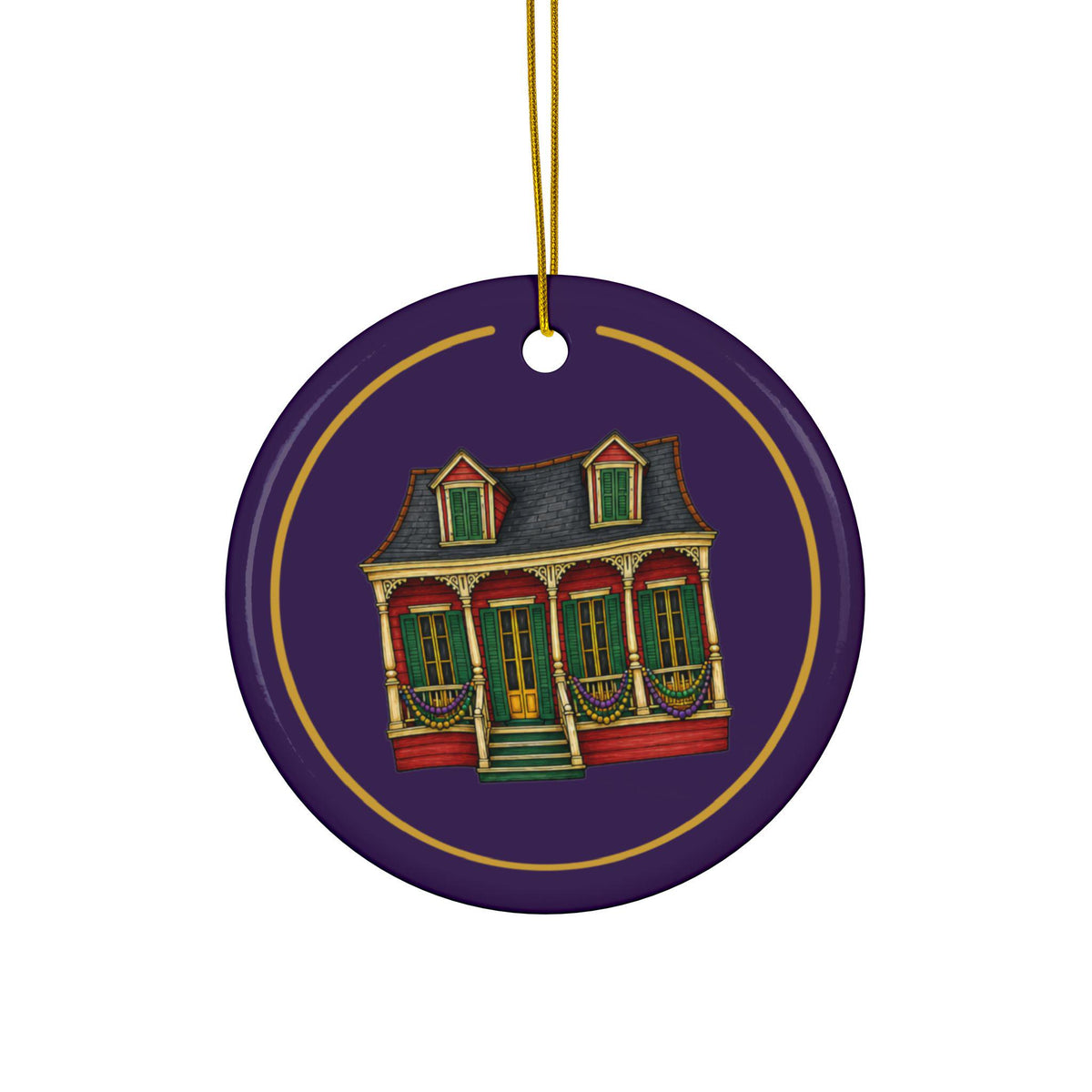 Red Creole Cottage Mardi Gras house ornament, Purple and Gold background