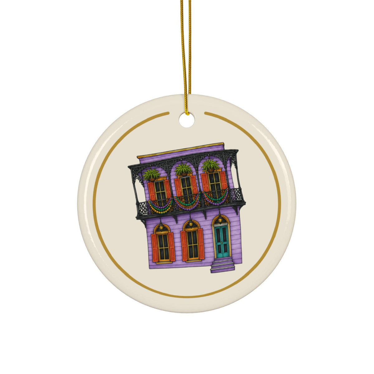 Lavender Balcony House Mardi Gras house ornament, Cream and Gold background