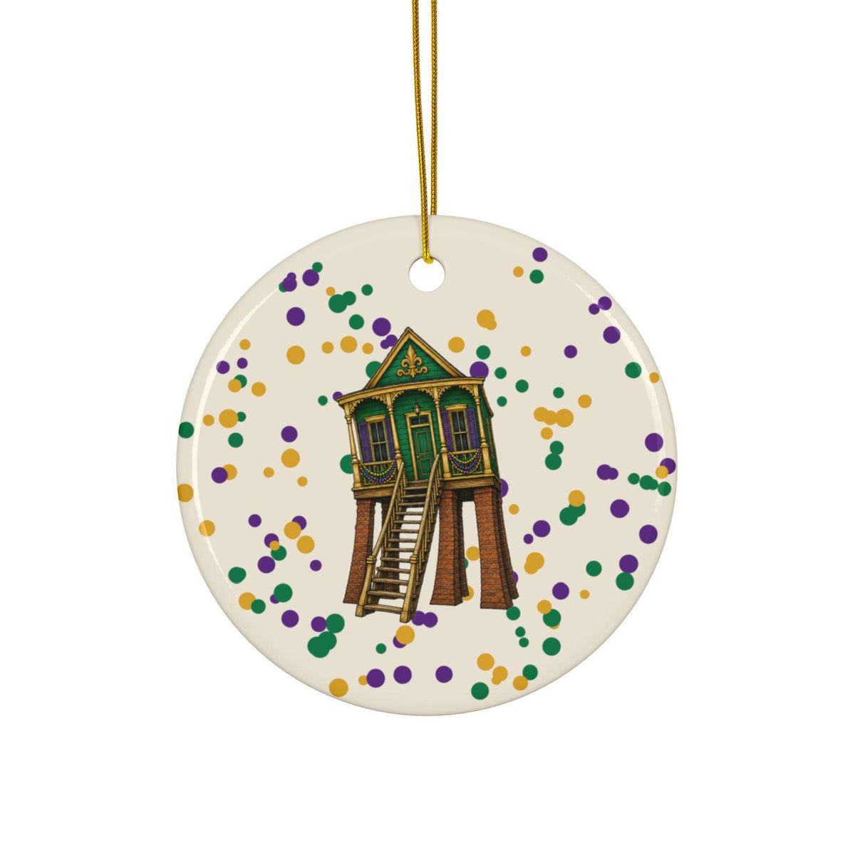 Raised Green Shotgun House Mardi Gras house ornament, Cream Confetti background
