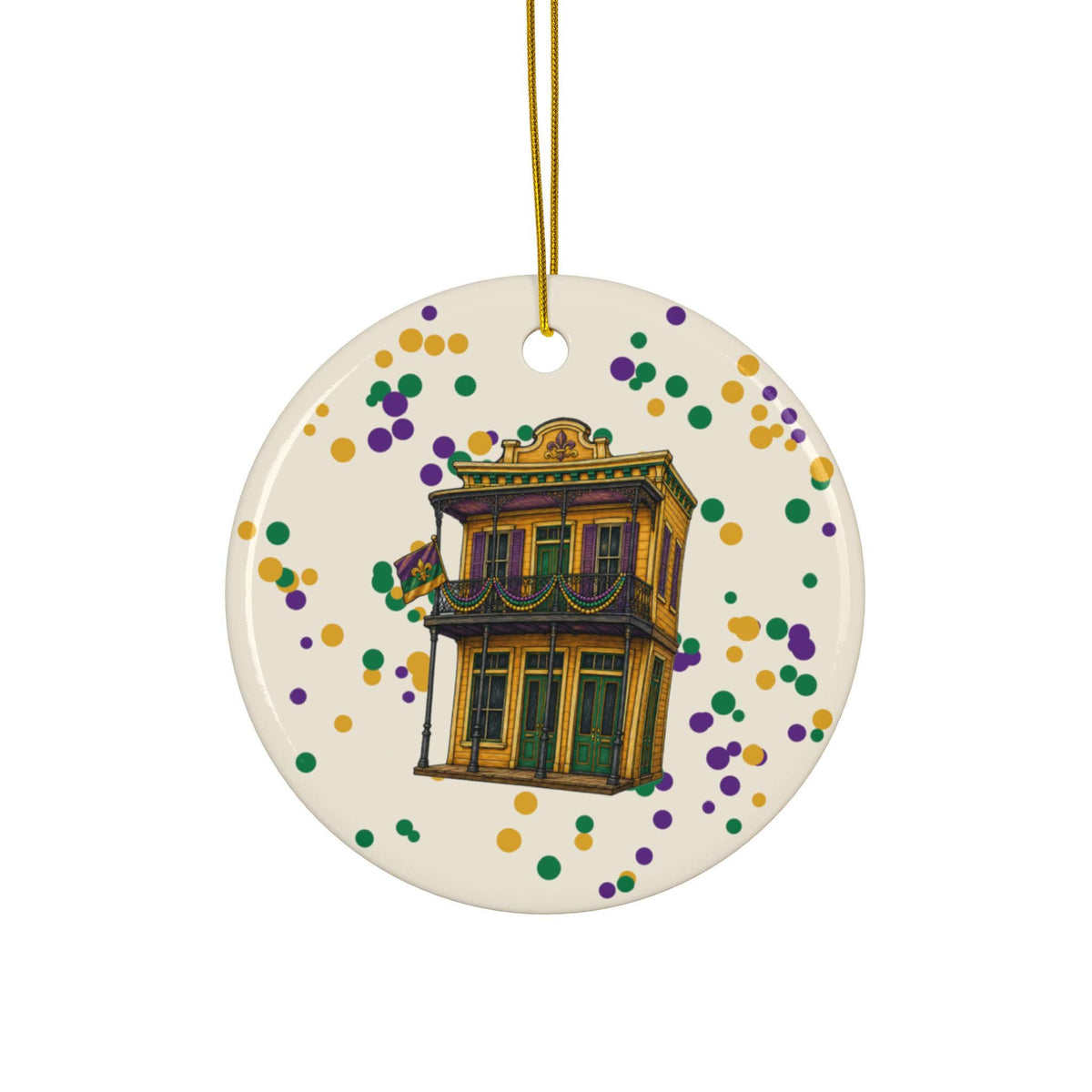 Gold Corner Store Mardi Gras house ornament, Cream Confetti background