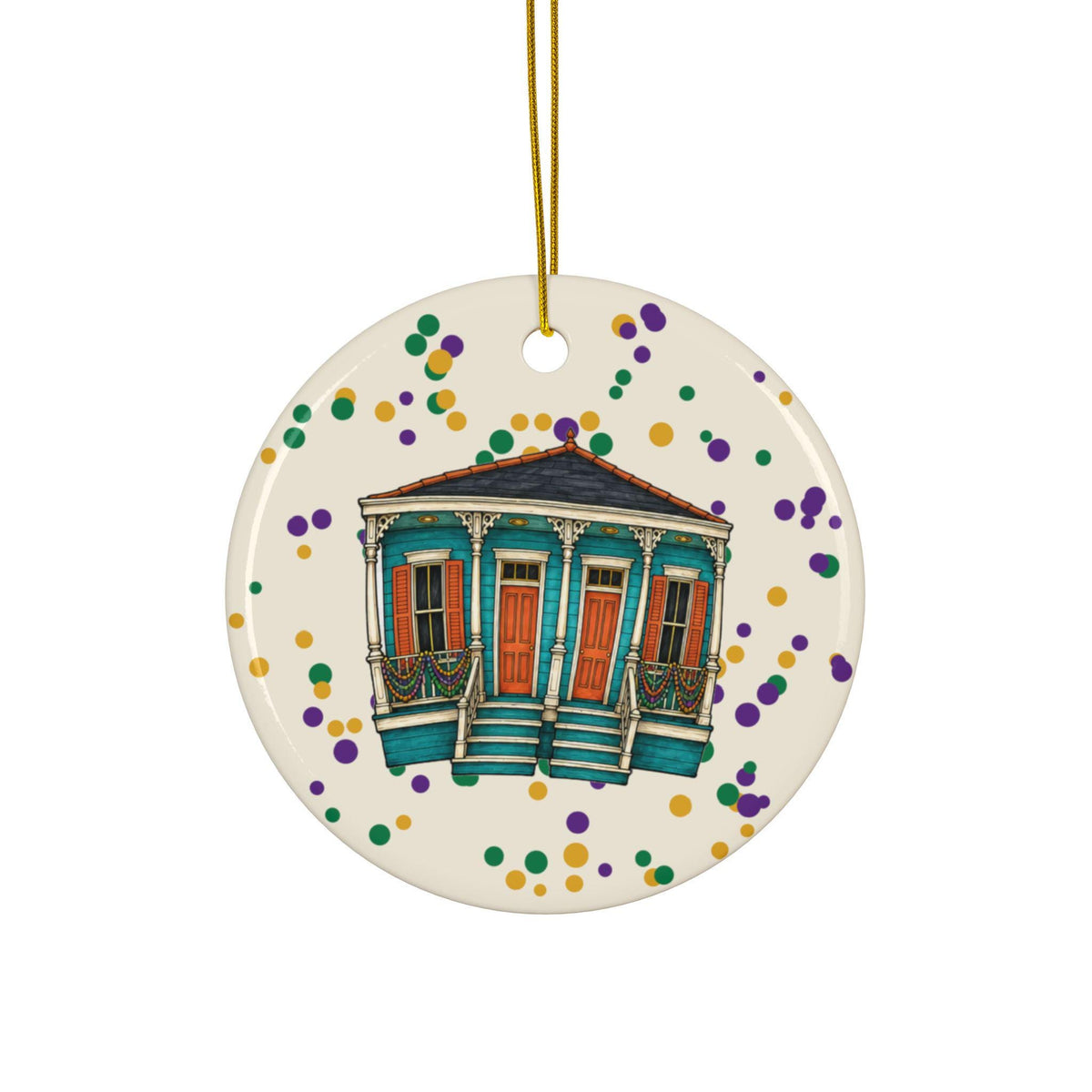 Turquoise Double Shotgun Mardi Gras house ornament, Cream Confetti background