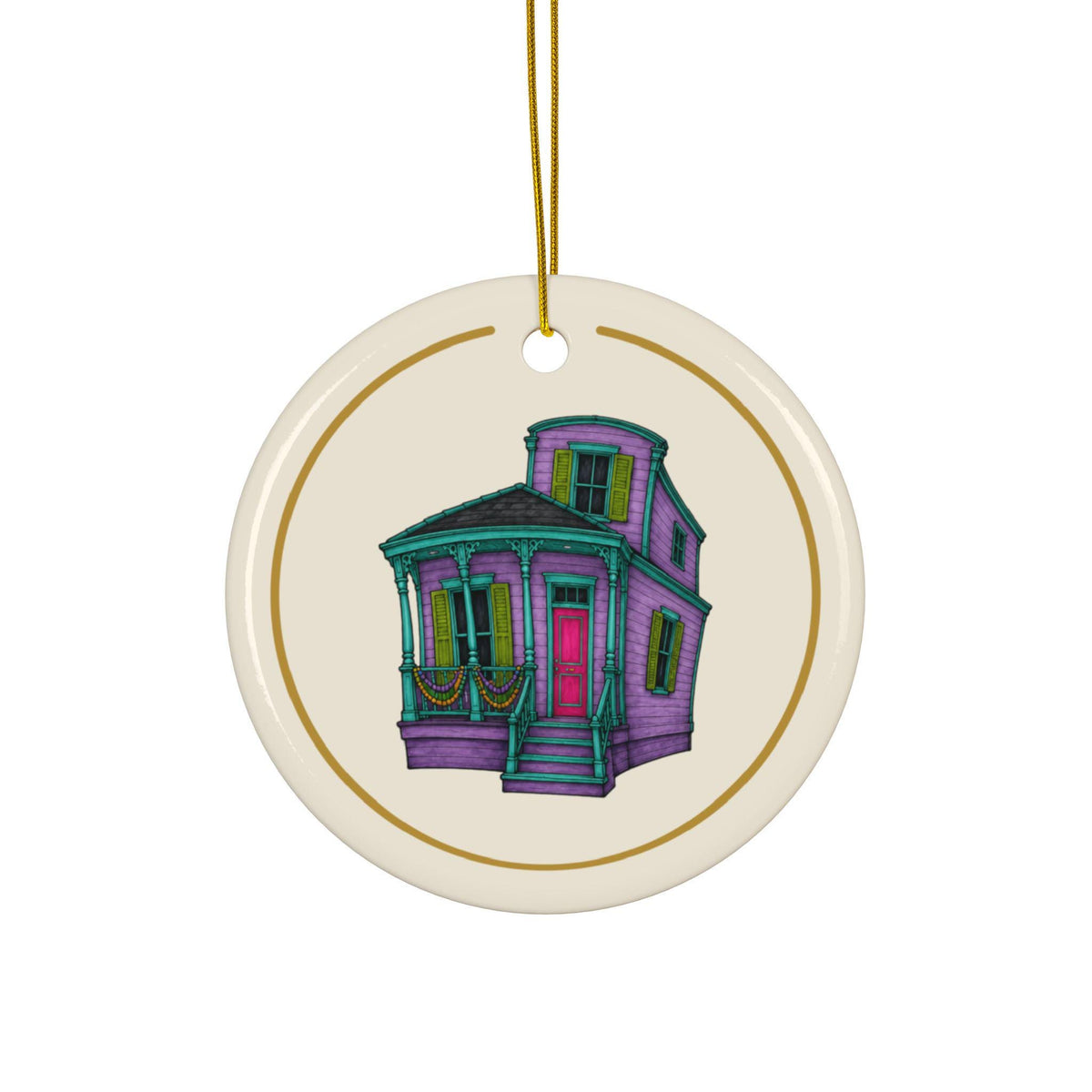 Lavender Camelback House Mardi Gras house ornament, Cream and Gold background