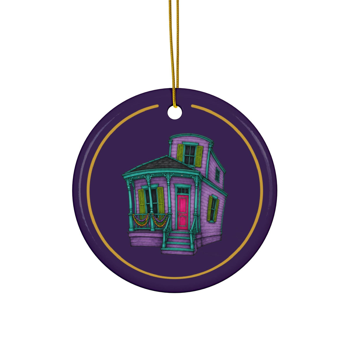 Lavender Camelback House Mardi Gras house ornament, Purple and Gold background
