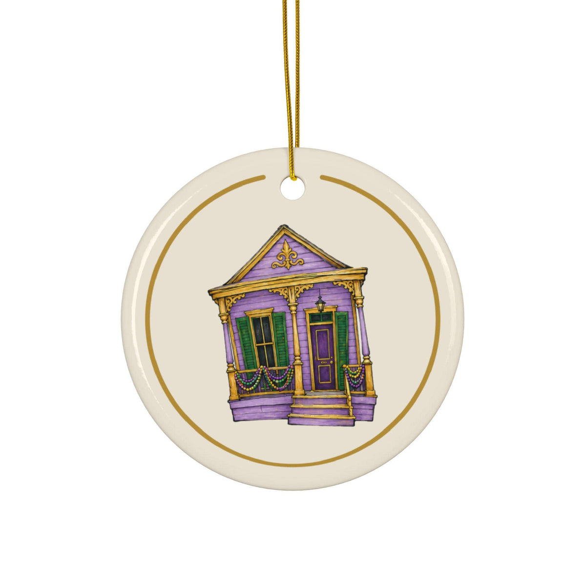 Lavender Shotgun House Mardi Gras house ornament, Cream and Gold background