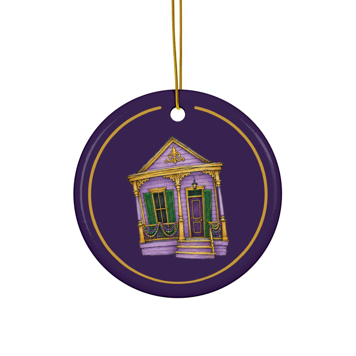 Lavender Shotgun House Mardi Gras house ornament, Purple and Gold background