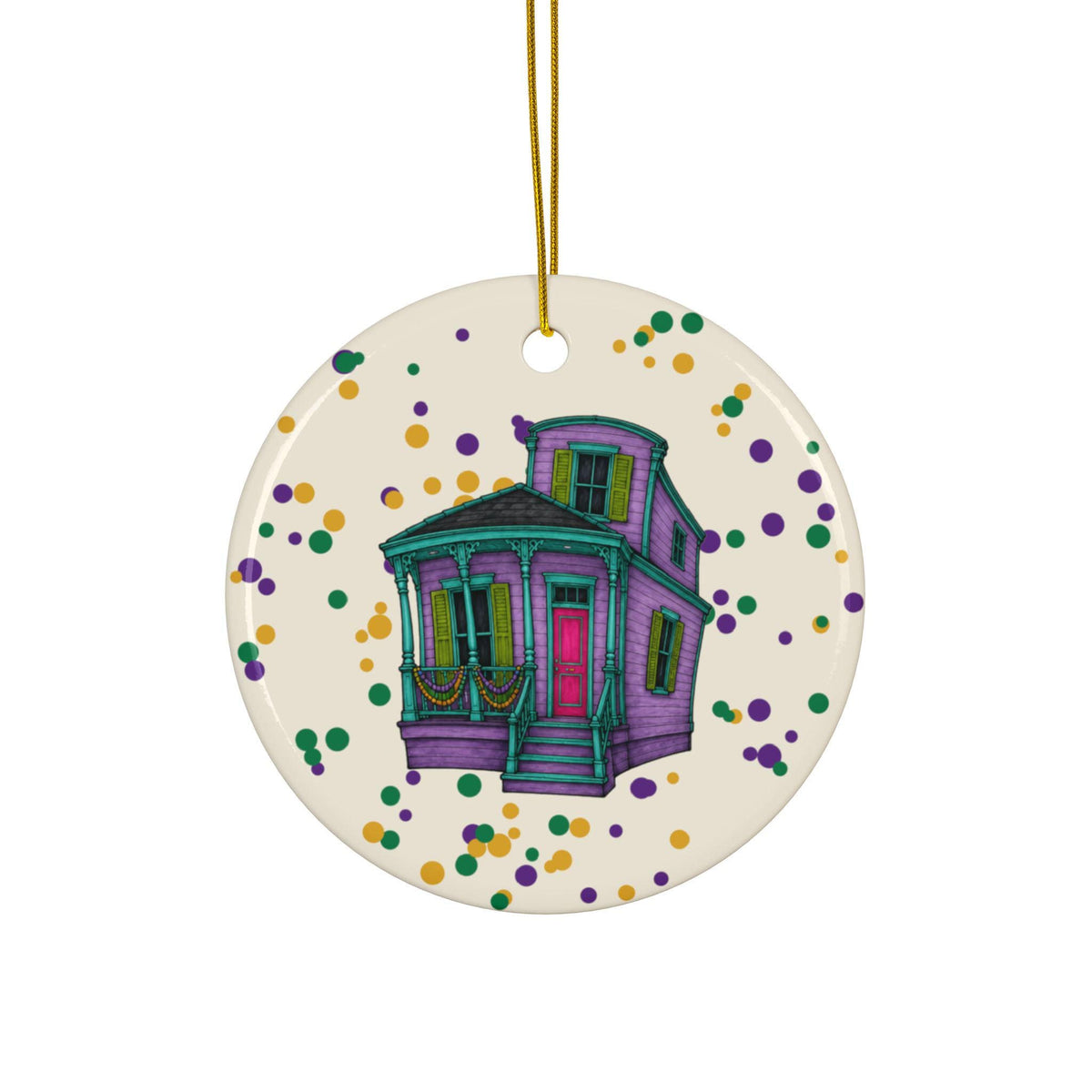 Lavender Camelback House Mardi Gras house ornament, Cream Confetti background