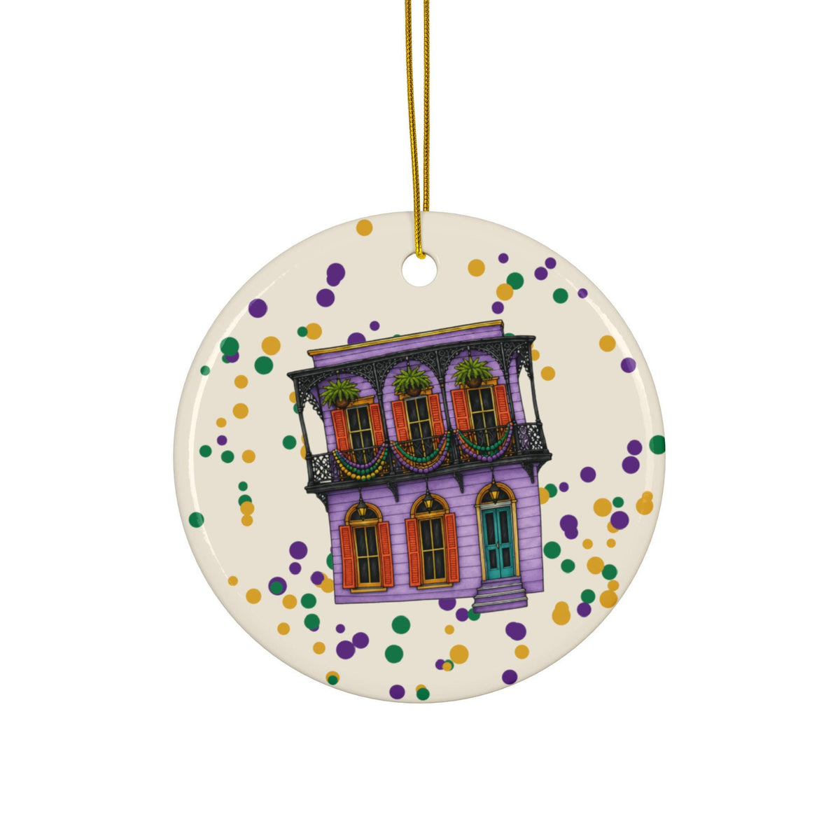 Lavender Balcony House Mardi Gras house ornament, Cream Confetti background