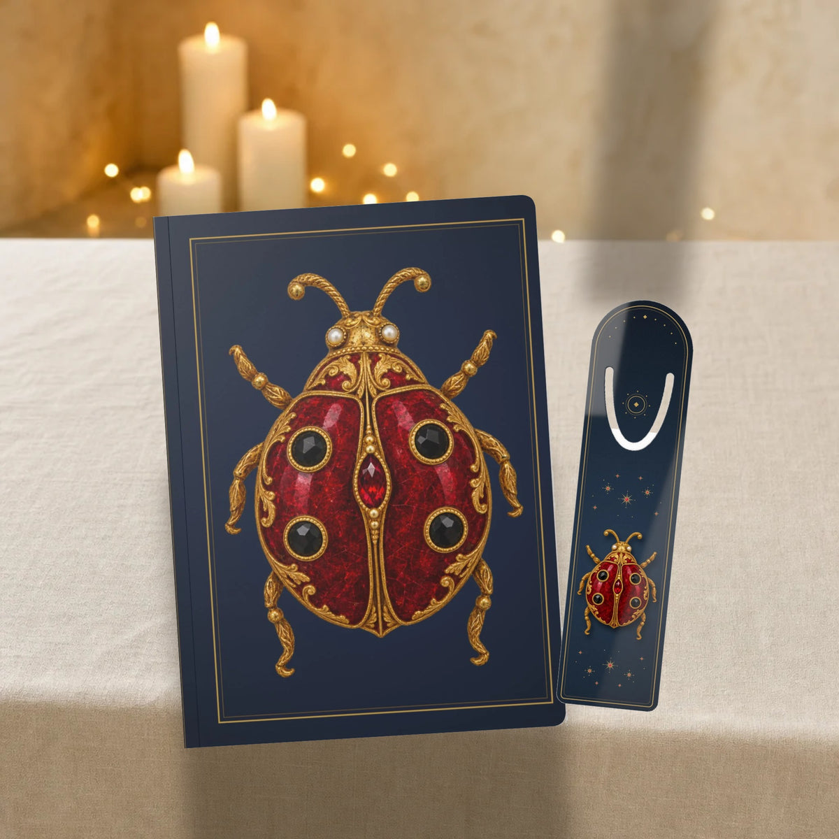 Jeweled ladybug journal with matching ladybug metal bookmark on a linen table with candles