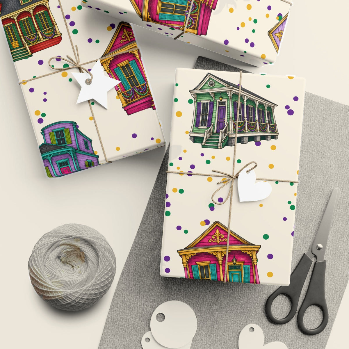 Mardi Gras Houses wrapping paper, Cream Confetti, wrapped gifts with twine and tags