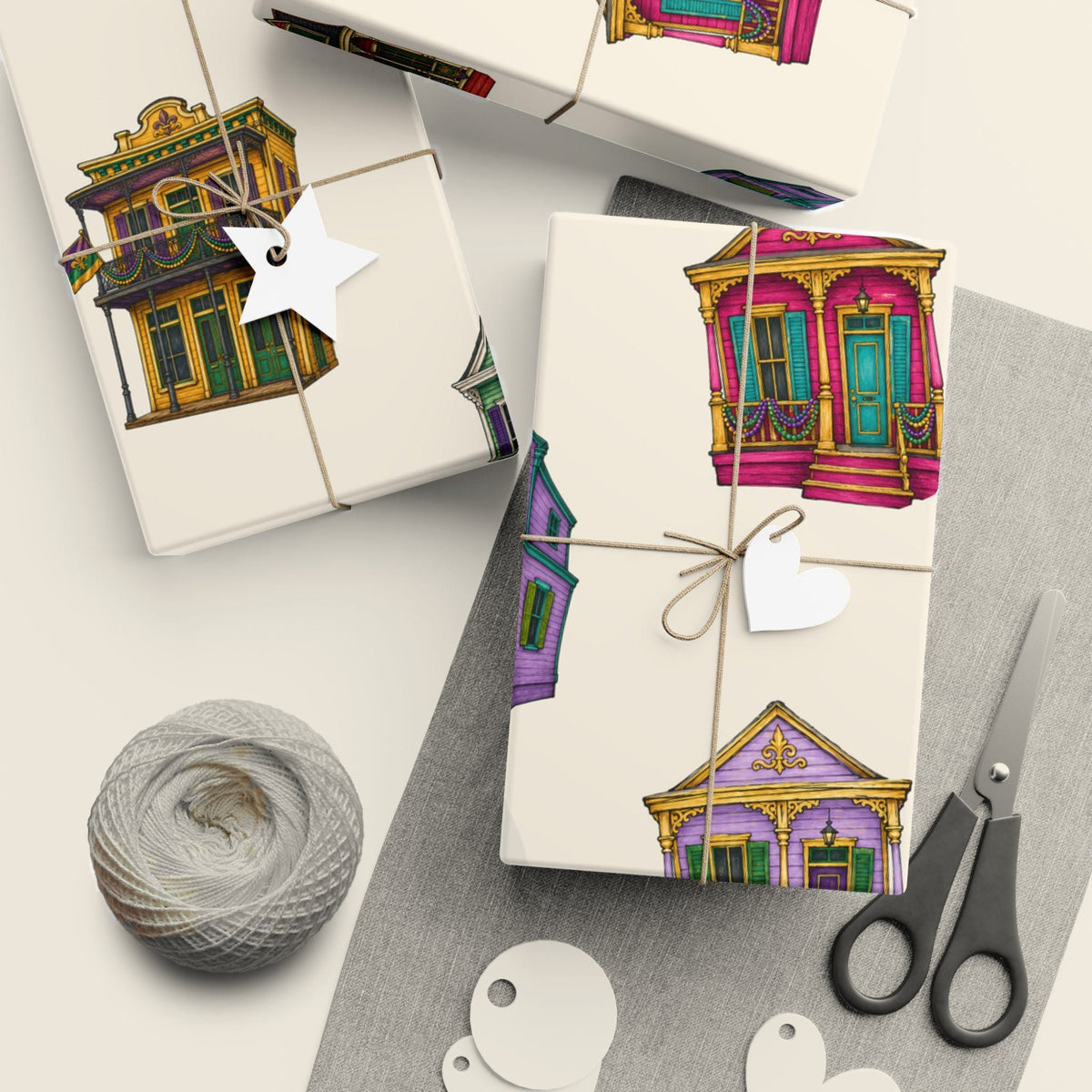 Mardi Gras Houses wrapping paper, Cream, wrapped gifts with twine and tags