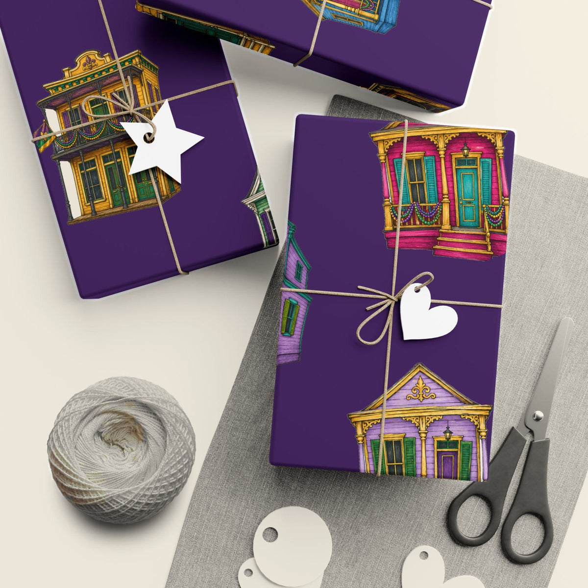 Mardi Gras Houses wrapping paper, Purple, wrapped gifts with twine and tags