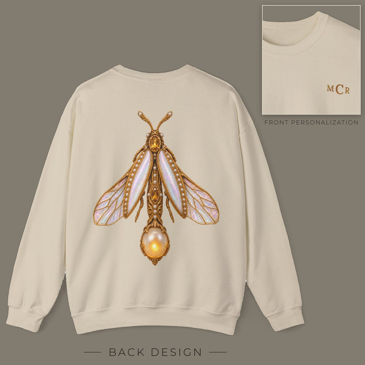 Back of sand sweatshirt with jeweled pearl firefly brooch design; inset shows the front with personalized monogram on the left chest