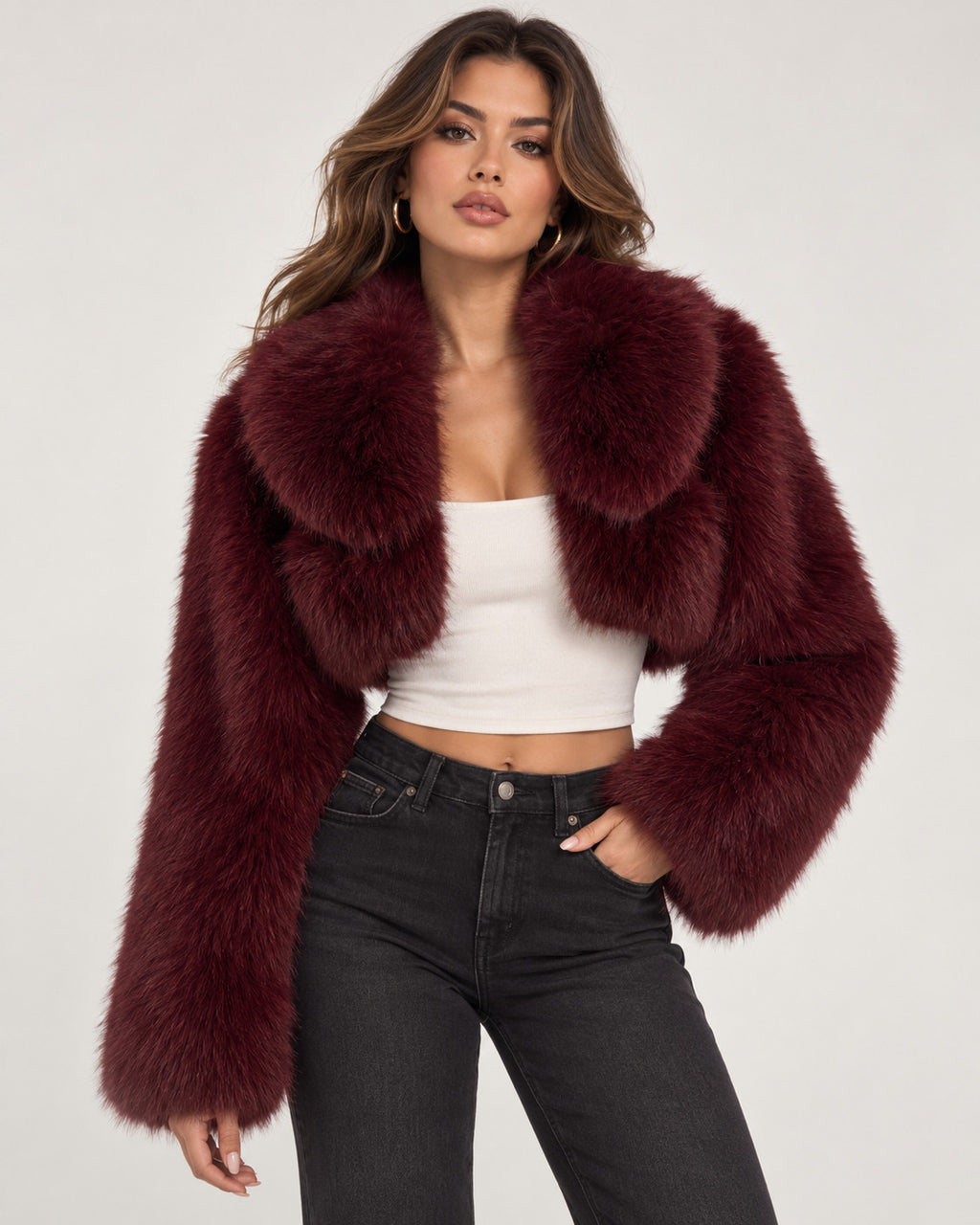 AKIRA burgundy faux fur crop jacket